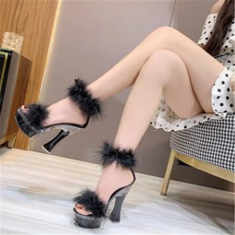 2020 Sandals Woman Steel Tube Dancing Shoes Women New 15cm High Heel Sexy Faux Fur Nightclub Party Catwalk Dress | Обувь