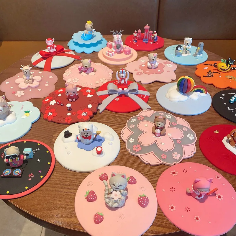 

Lid 3D Cartoon Cute Bear Cup Mug Lid Coffee Mug Lid Silicone Cup Lid Sakura Bear Dust Cover Universal Lid Accessories