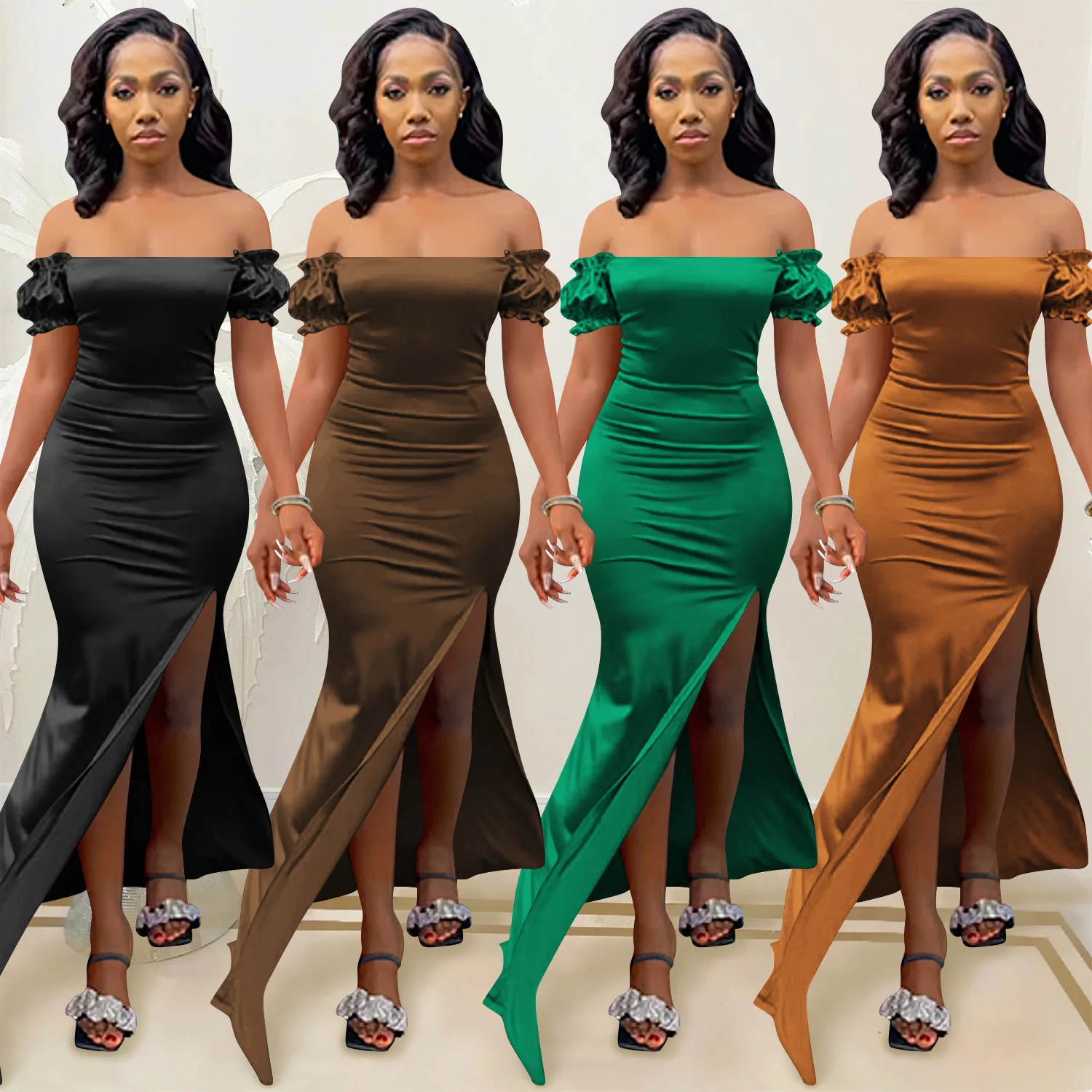 

2021winter Fashion Solid Color Women's Flat Shoulder Pleated Sleeve Tight-fitting Slit Long Skirt Dress Women Irregular Backless