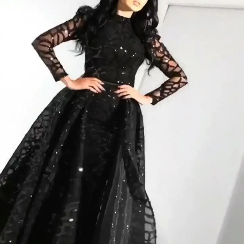 

Summer Women Party Dress Long-Sleeved Sequined Expandable Evening Gown Dress High Waist Big Swing Black Dresses