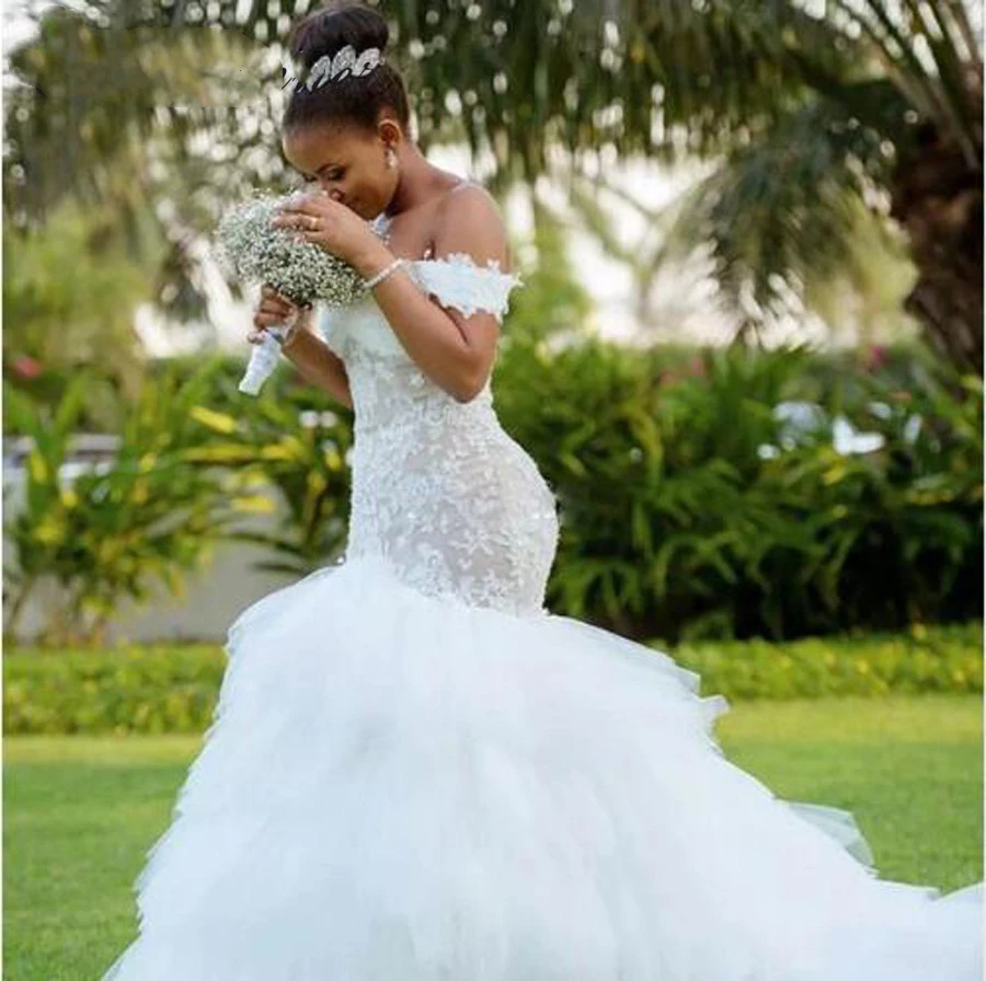 

African White Mermaid Wedding Dresses Off The Shoulder Appliques Lace Tiered Train Long Bridal Gowns Plus Size Wedding Dress