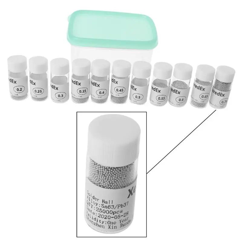 

11 бутылок 2,5 W этилированного припоя BGA 0,2/0,25/0,3/0,35/0,4/0,45/0,5/0,6/0,65/0,75 мм для BGA реболлинг набор шарики