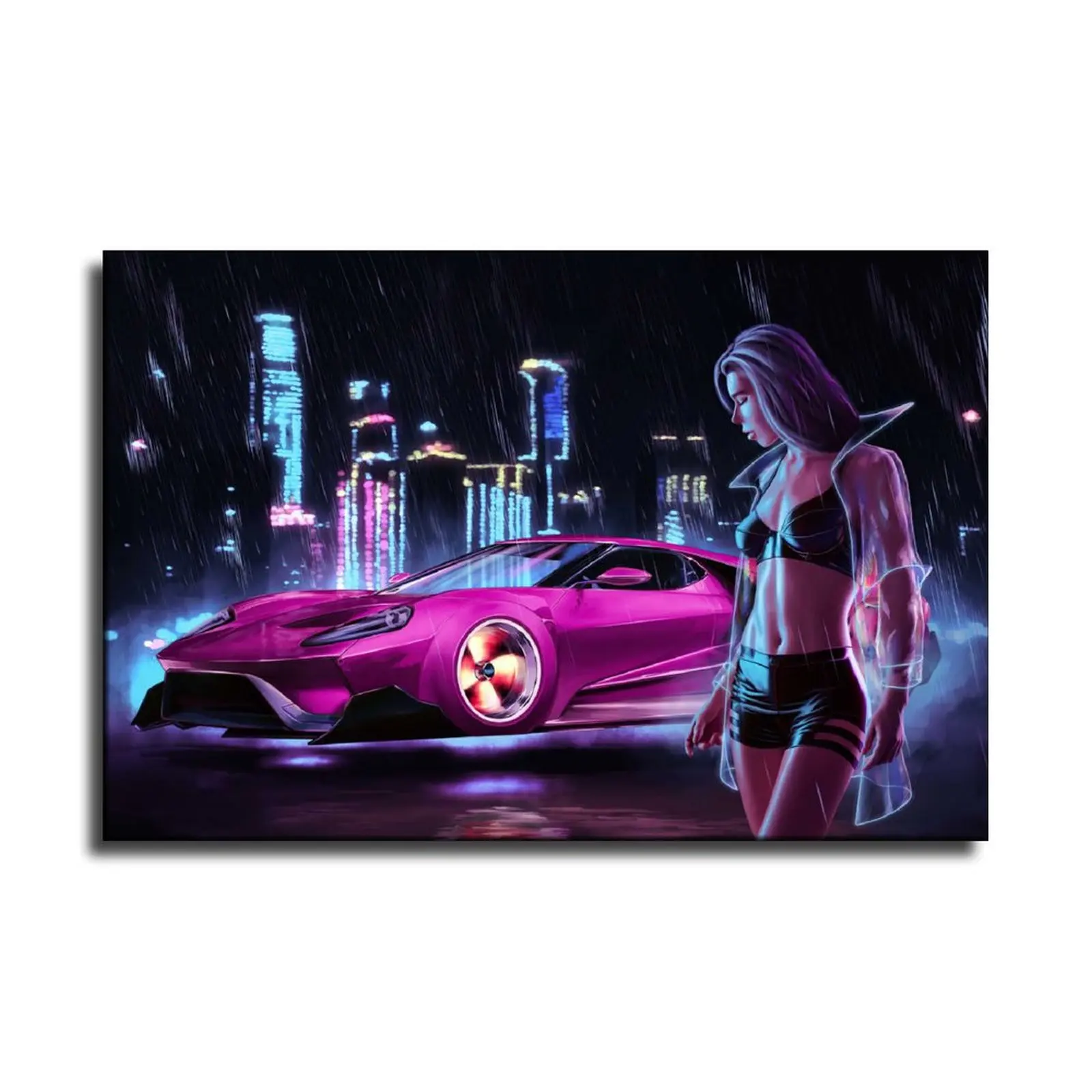 Розовый автомобиль киберпанк девушка холст художественный плакат и настенный
