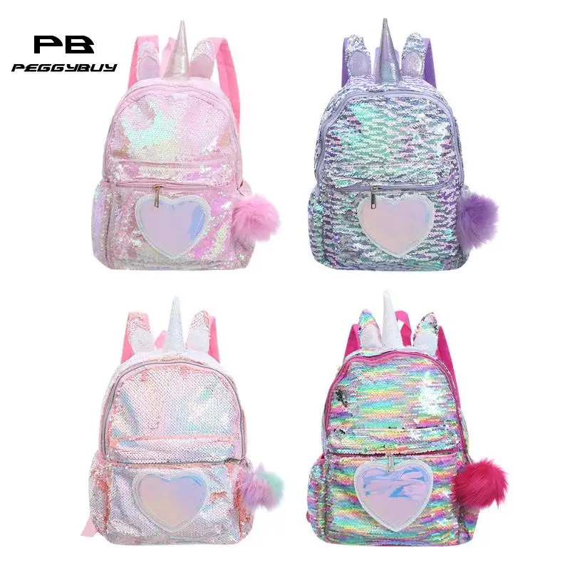 Cute Heart Sequins Travel Backpacks Kids Girls Glitter Shoulder Schoolbag