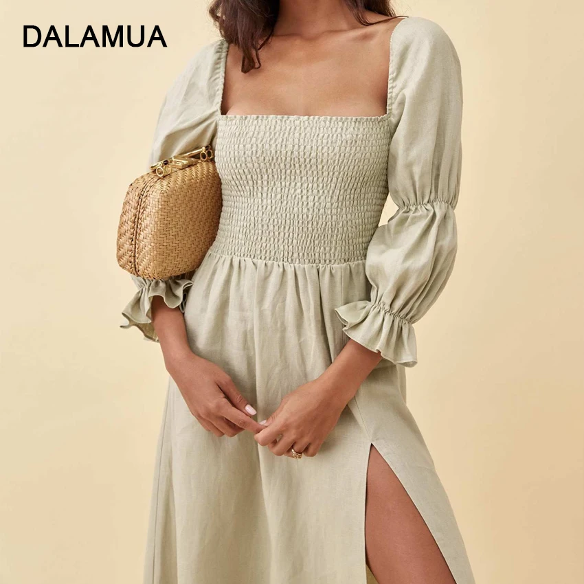 

Elegant Women Dresses 2022 Spring Flare Long Sleeve Elastic High Waist Solid Green Office Ladies Fashion New Female Midi Dresses