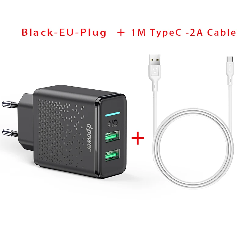 Black-Type-C Dpower Dual USB зарядное устройство для телефона 5V 2.4A Быстрая зарядка для iPhone samsung Xiaomi huawei EU штепсельная вилка настенное зарядное устройство для телефона адаптер - Тип штекера: Black-Type-C