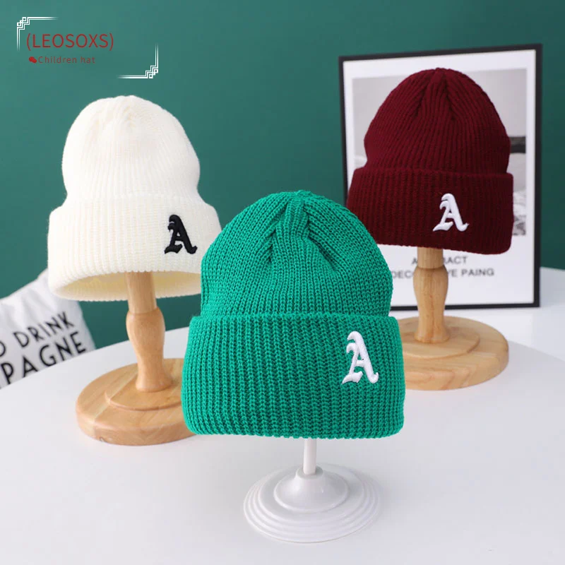 

Fashion Letter A Embroidered Baby Knitted Hat Solid Color Soft Knit Wool Toddler Kids Beanie Outdoor Warm Boy Girl Bonnet Cap