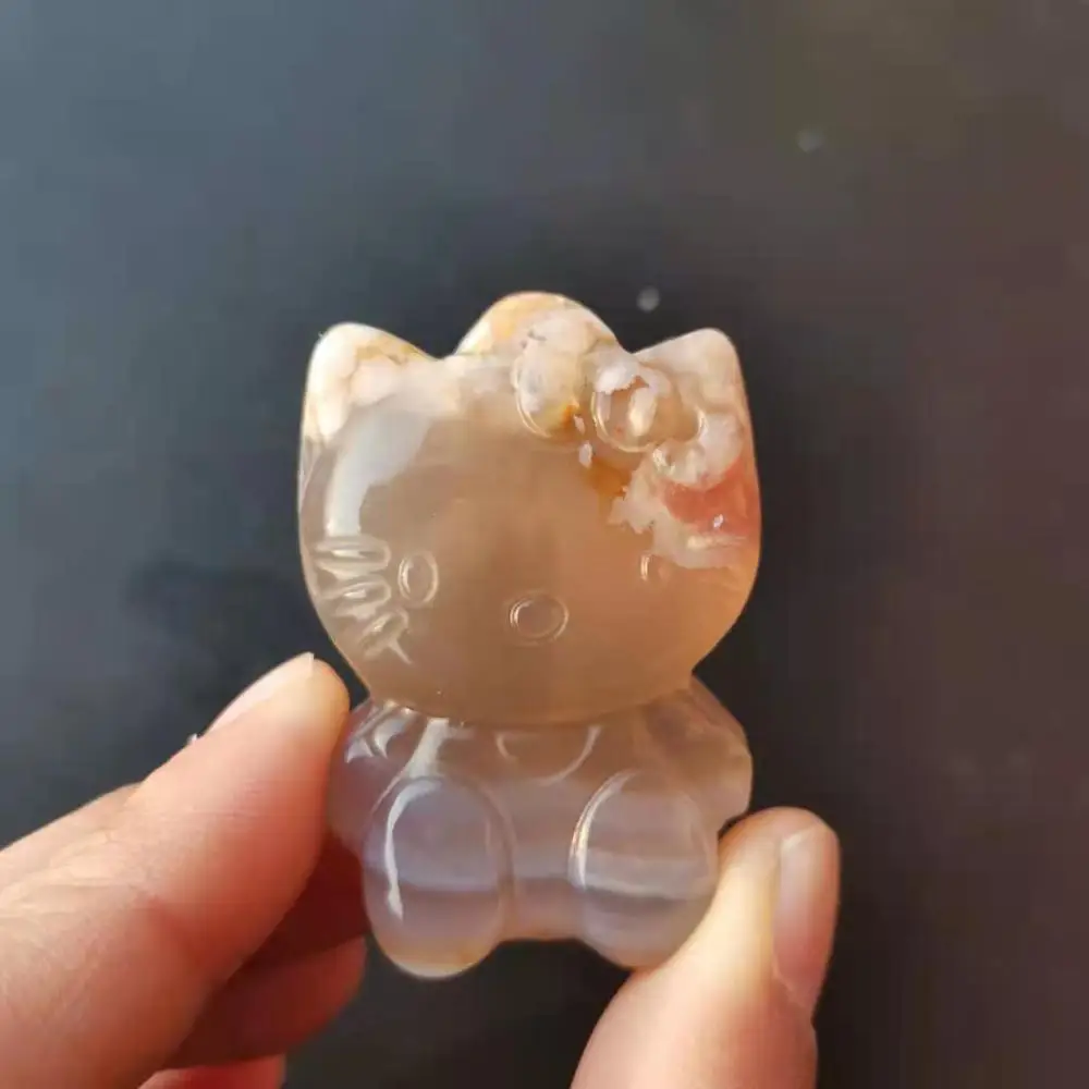 Natural flower agate Carved Kitty Gemstone Crystals cat Decoration Figurine