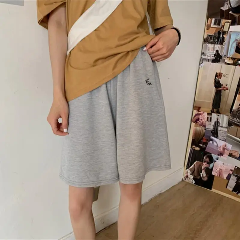 

Shorts Women Summer Loose 3XL Solid Embroidery BF Wide-leg Knee-length Harajuku Casual Simple Ins Trendy All-match Students Chic