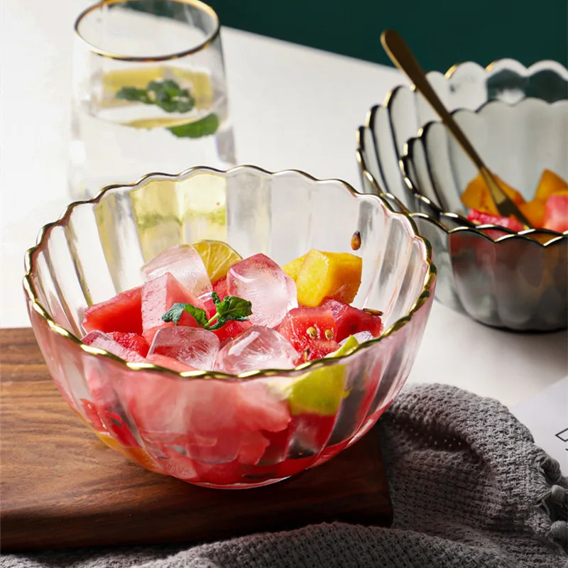 

Unique Design Gold Edge Transparent Glass Salad Plate Breakfast Tray Fruit Pasta Plates