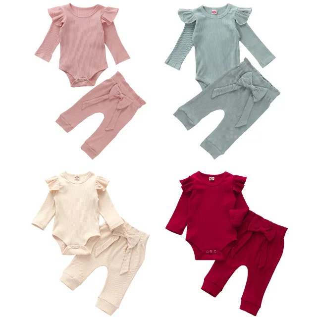 

Cathery Newborn Baby Girl Solid Color Long Sleeve Cotton Bodysuit Tops Bow Long Pant 2PCS Autumn Clothing Set