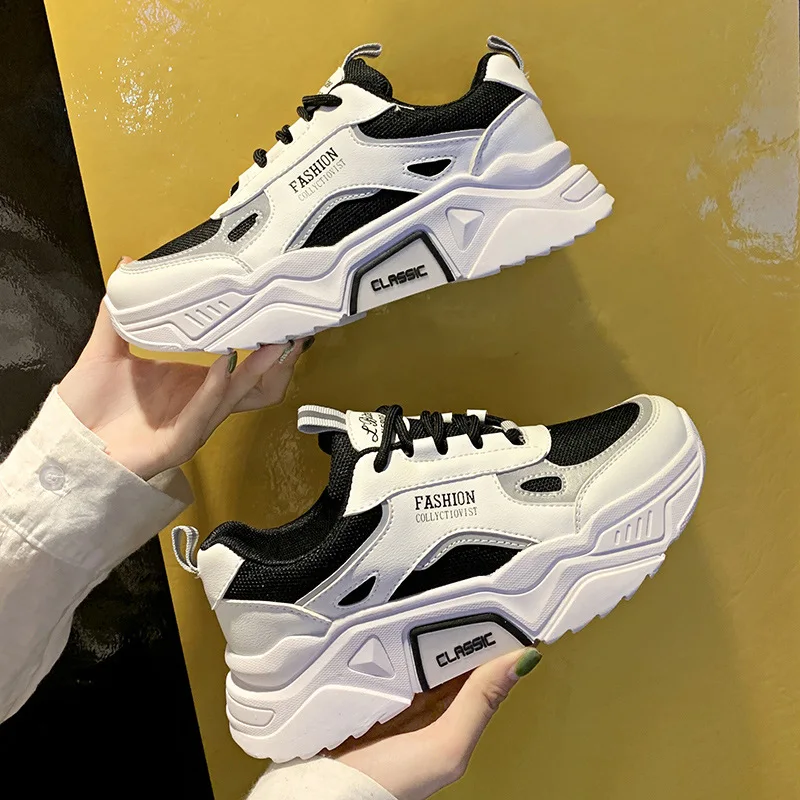 

New Women Fashion Sneakers Sping Girl Leather Air Mesh Patchwork Thick-soled Casual Sport Height Increasing Platform Shoes