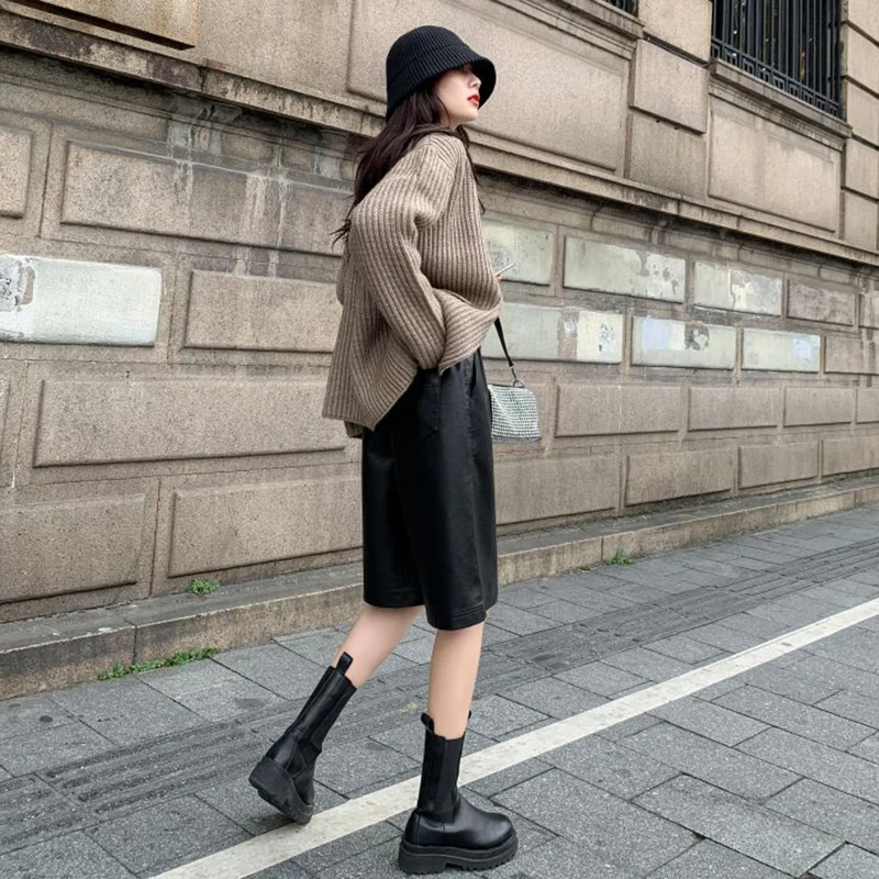 

S-3XL Autumn PU Leather Shorts Women's Casual High Waist Wide Leg Half Trousers Korean Outerwear Loose Straight Shorts