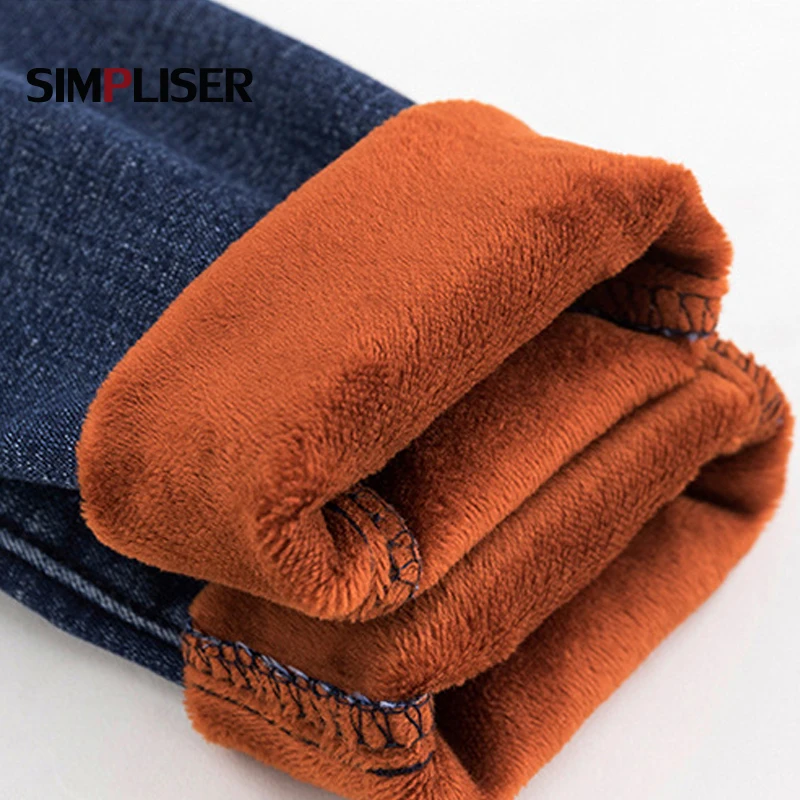 Джинсы женские зимние 2019 брюки из плотного флиса длинные джинсовые синие модные