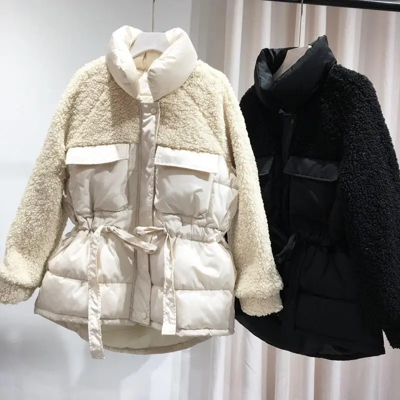 Лоскутное зимнее повседневное пальто с отложным воротником и длинным рукавом