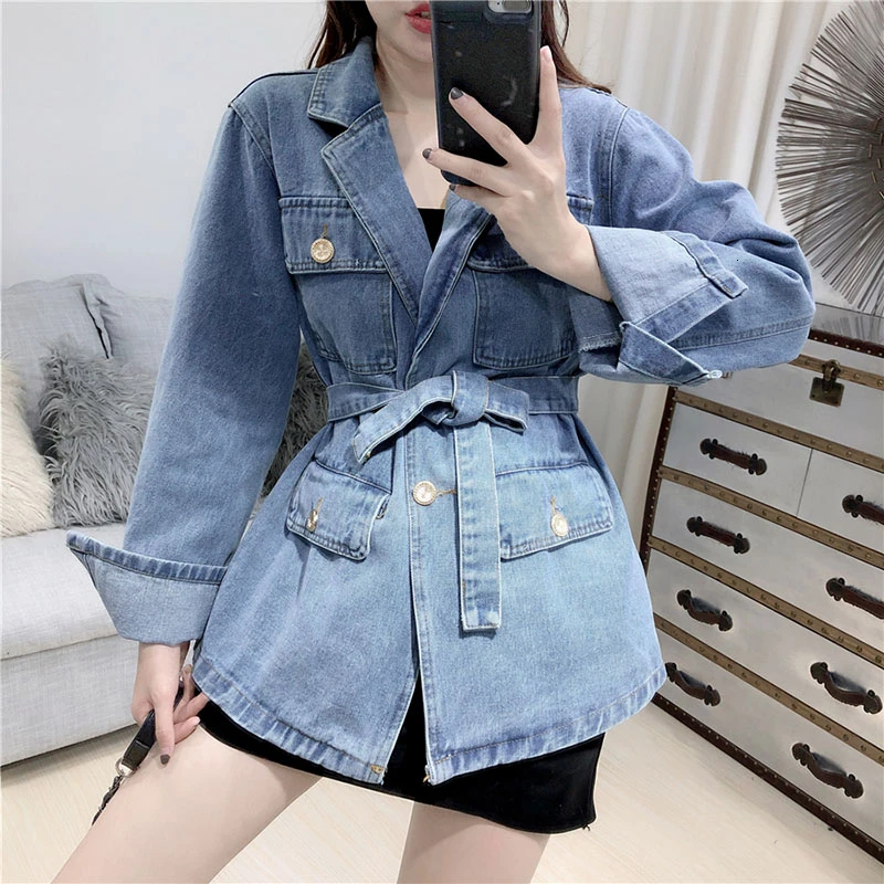 Женская ВИНТАЖНАЯ ДЖИНСОВАЯ КУРТКА с поясом Однотонная синяя свободная куртка