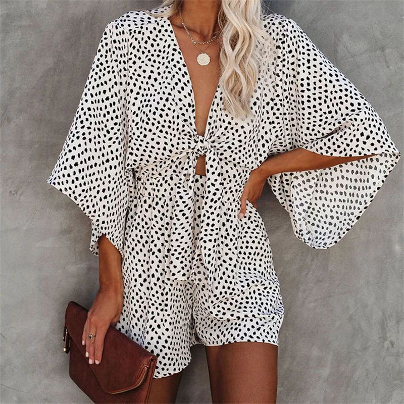 

Комбинезон Foridol с леопардовым принтом и бантом, комбинезон с широкими штанинами, 2021, повседневные свободные летние комбинезоны с V-образным ...