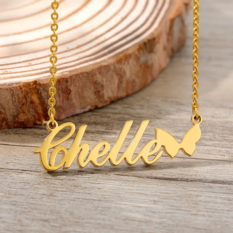 

Custom Necklace Butterfly Pendant Stainless Steel Gold Color Chain Personalized Name Necklaces Jewelry For Women