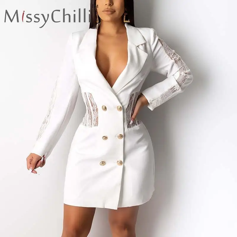 MissyChilli кружевное открытое лоскутное платье-блейзер женское белое двубортное