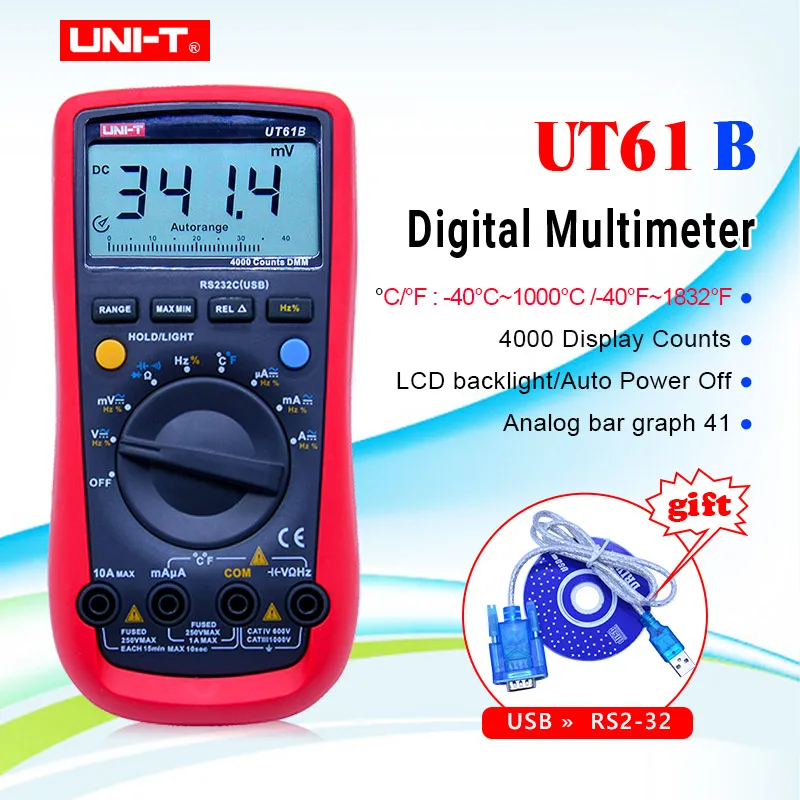 UT61B UNI-T Digital Multimeter Auto Range RS232 USB PC Software Data Hold Temperature Auto Power Off Best Accuracy 1% Multimetro