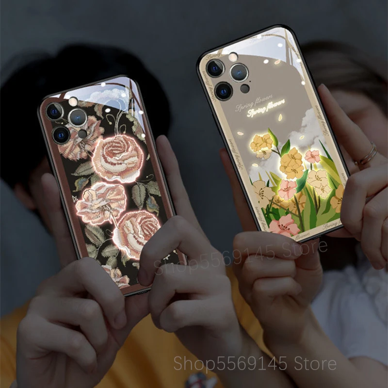 Luxury Bright Red Rose Peony Flowers Phone Case For iPhone 12 11 Pro Xs Max Mini XR SE 7 8 Soft Call LED Luminous Fundas Cover