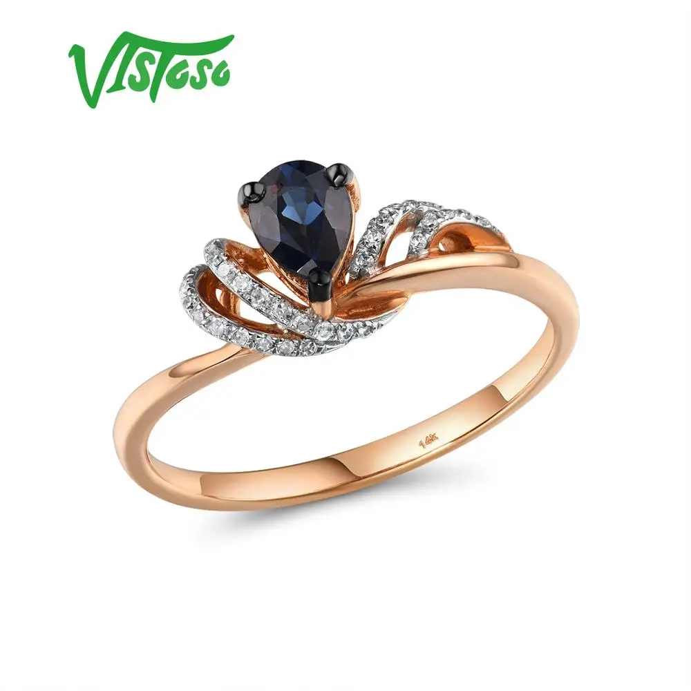 

VISTOSO Pure 14K 585 Rose Gold Ring For Women Ring shining Diamond Blue Sapphire Luxury Wedding Engagement Elegant Fine Jewelry