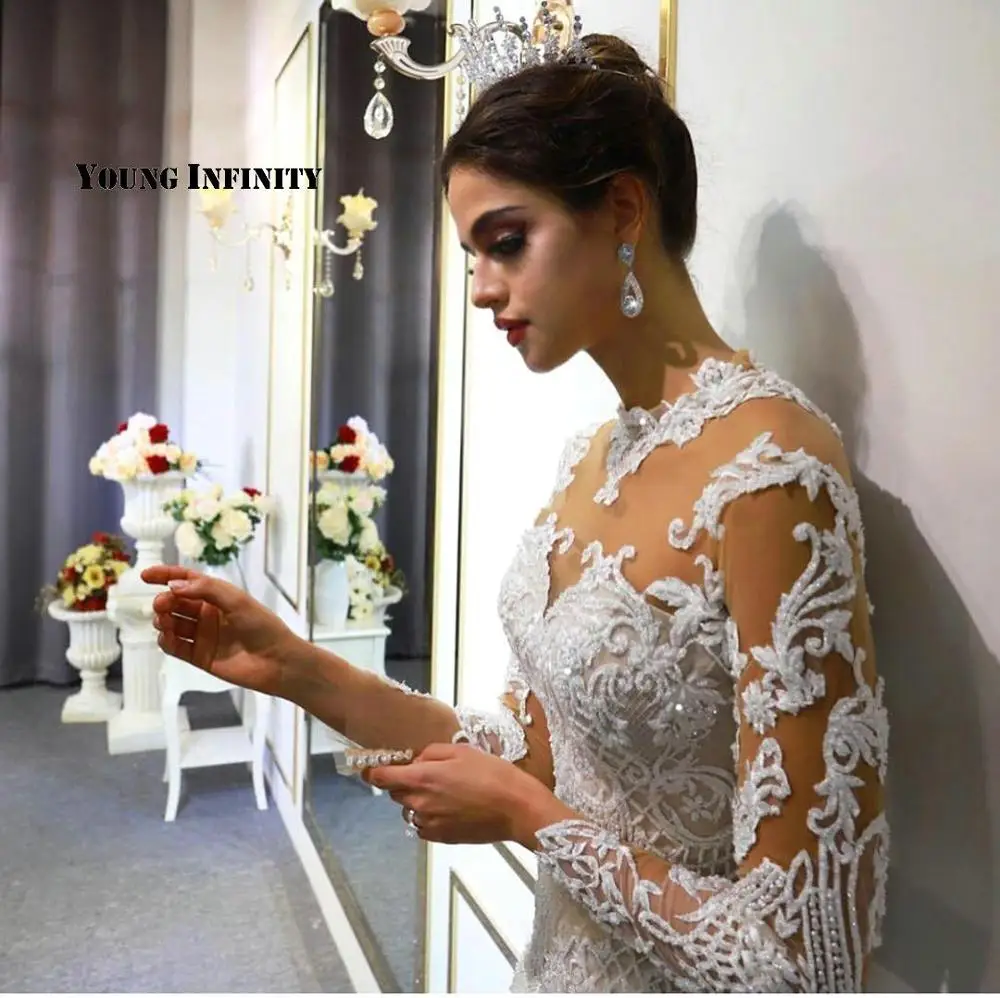 

Elegant O Neck Long Sleeves Mermaid Lace Wedding Dresses 2021 Detachable Train Luxury Beaded Appliques 2 In 1 Long Bridal Gown
