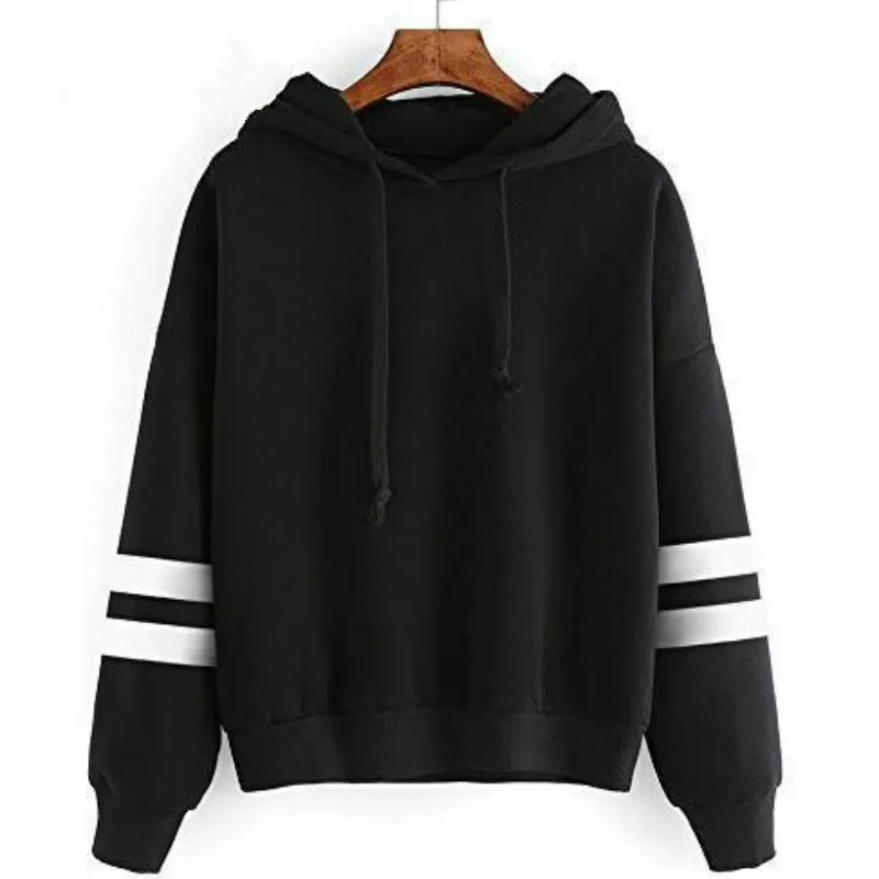 S-XL, Женская Толстовка в полоску с воротником под горло, хлопковый Свободный Повседневный Топ с капюшоном для девочек, Бархатные Теплые Топы с длинными рукавами - Цвет: Черный
