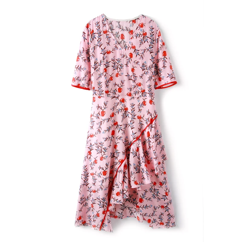 Женское Ассиметричное платье из 100% шелка с v-образным вырезом короткими рукавами