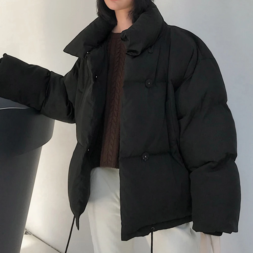 PUIMENTIUA Winter Warm Jacket Women Stand Collar Solid Black White Female Down Coat Loose Womens Plus Size Short Parka New
