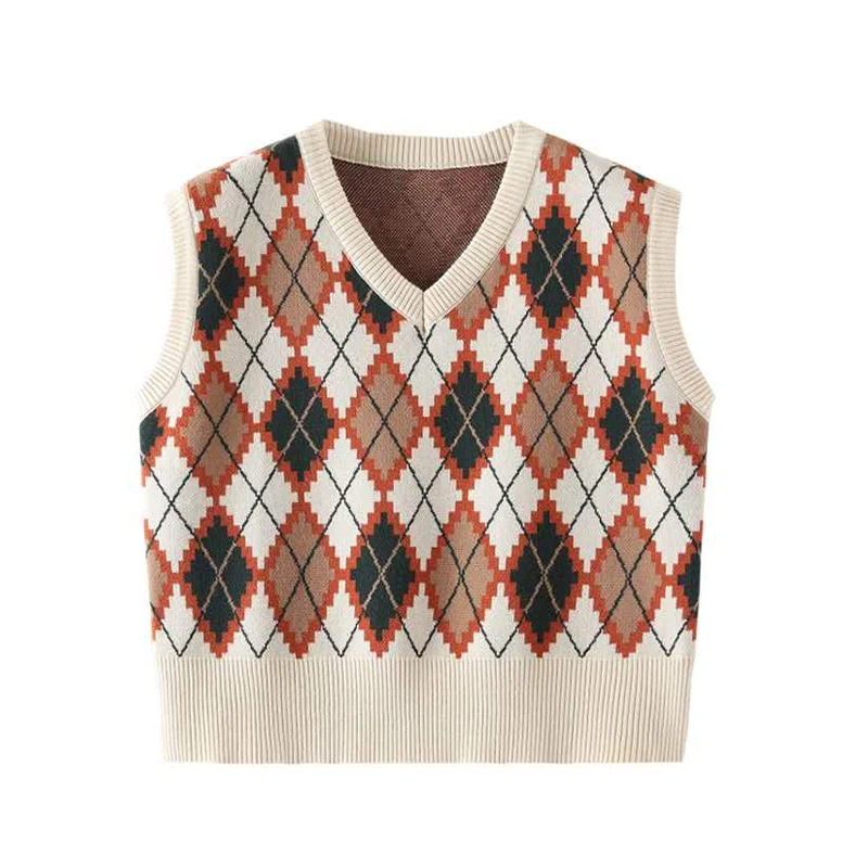 

Rhombus Women Vest Tops V-Neck College Sleeveless Geometric Vests Sweater Women's 2021 Winter Fashion Warm Vests Knit Sweaters