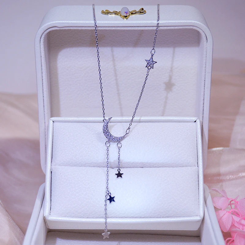 

Vintage Elegant S925 Silver Moon Star Pendant Necklace for Women High Quality Charming Temperament Jewelry Chain AAA Zircon Gift