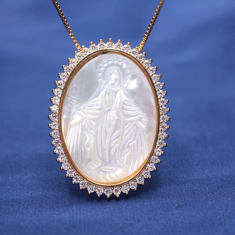 

2020 Hot Gold color Virgin Mary Pendant Necklace around Zirconias Natural Freshwater Mother Of Pearl Necklace for Women Jewelry