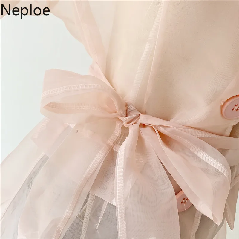 Neploe сексуальная перспективная блузка с бантом органза тонкая талия открытая