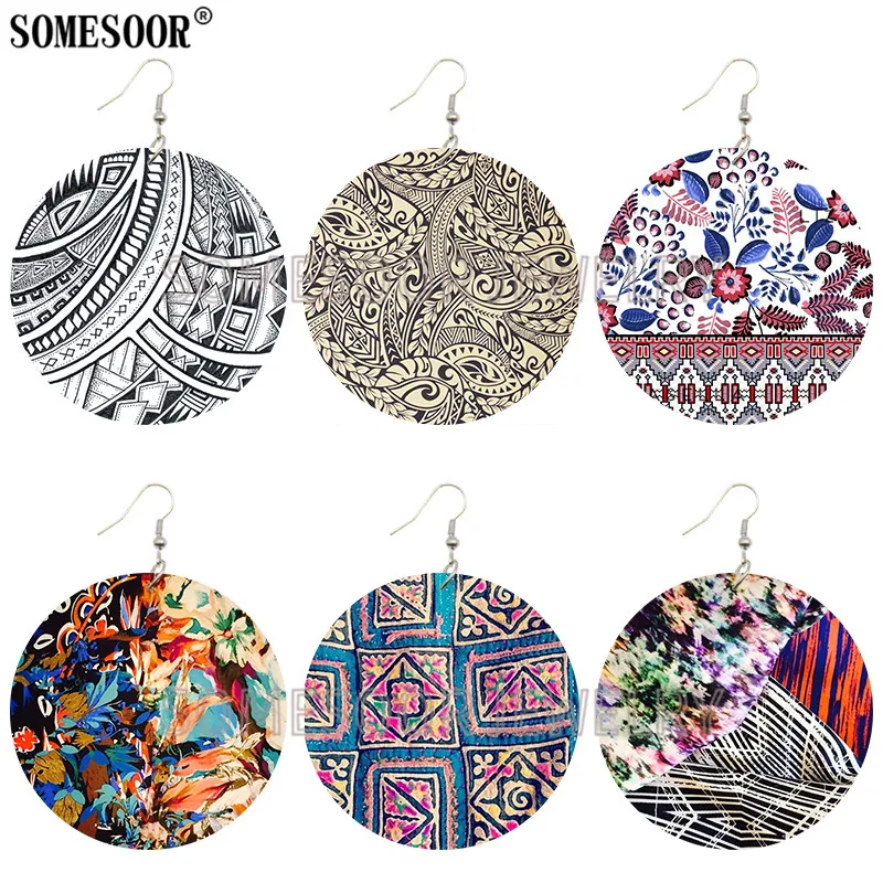 

SOMESOOR Ethnic Style Clothing Printed Pattern Natural Wood Both Sides Printing Dangle Fashion Earrings For Women Gifts