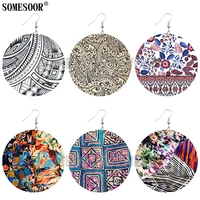 somesoor ethnic style clothing printed pattern natural wood both sides printing dangle fashion earrings for women gifts