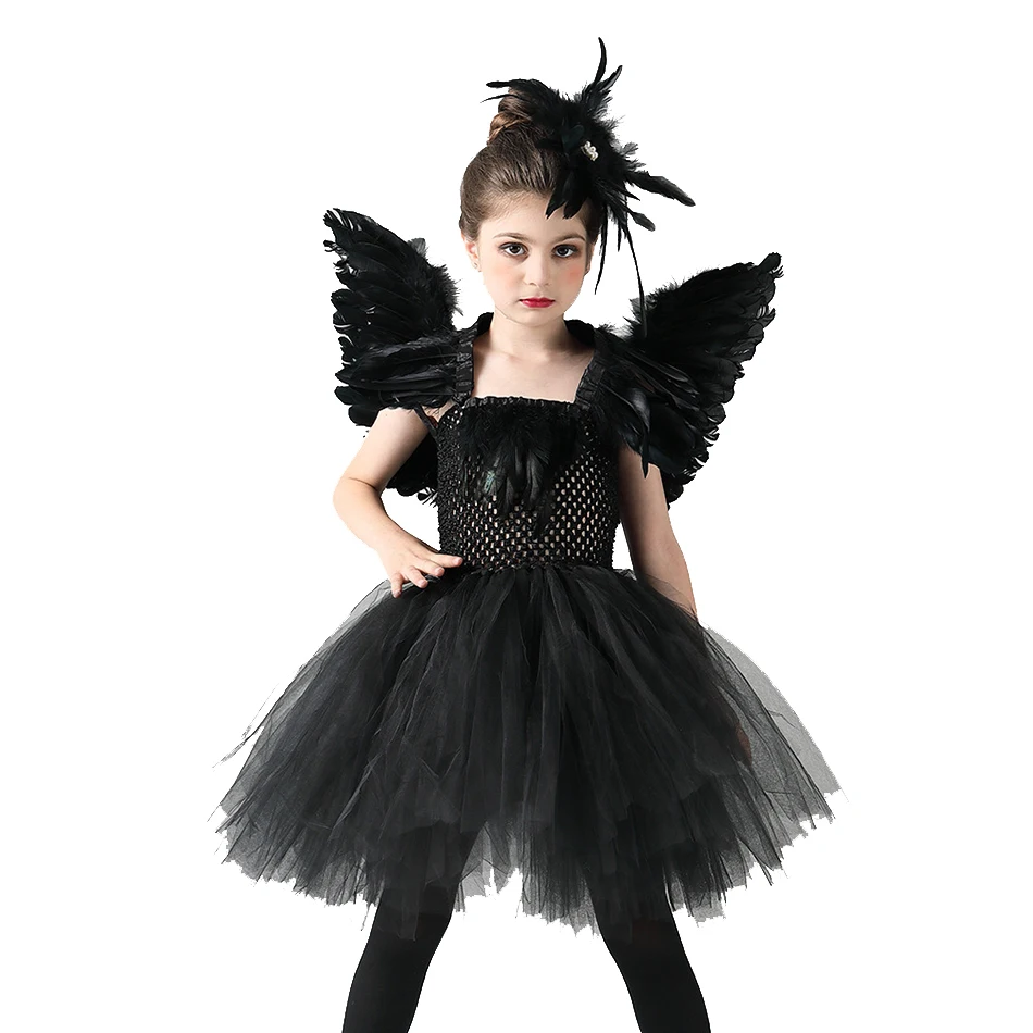 

Halloween Black Swan Dress Girls Dance Performance Pettiskirt Devil Cosplay Costume for Children Carnival Party Feather Dress