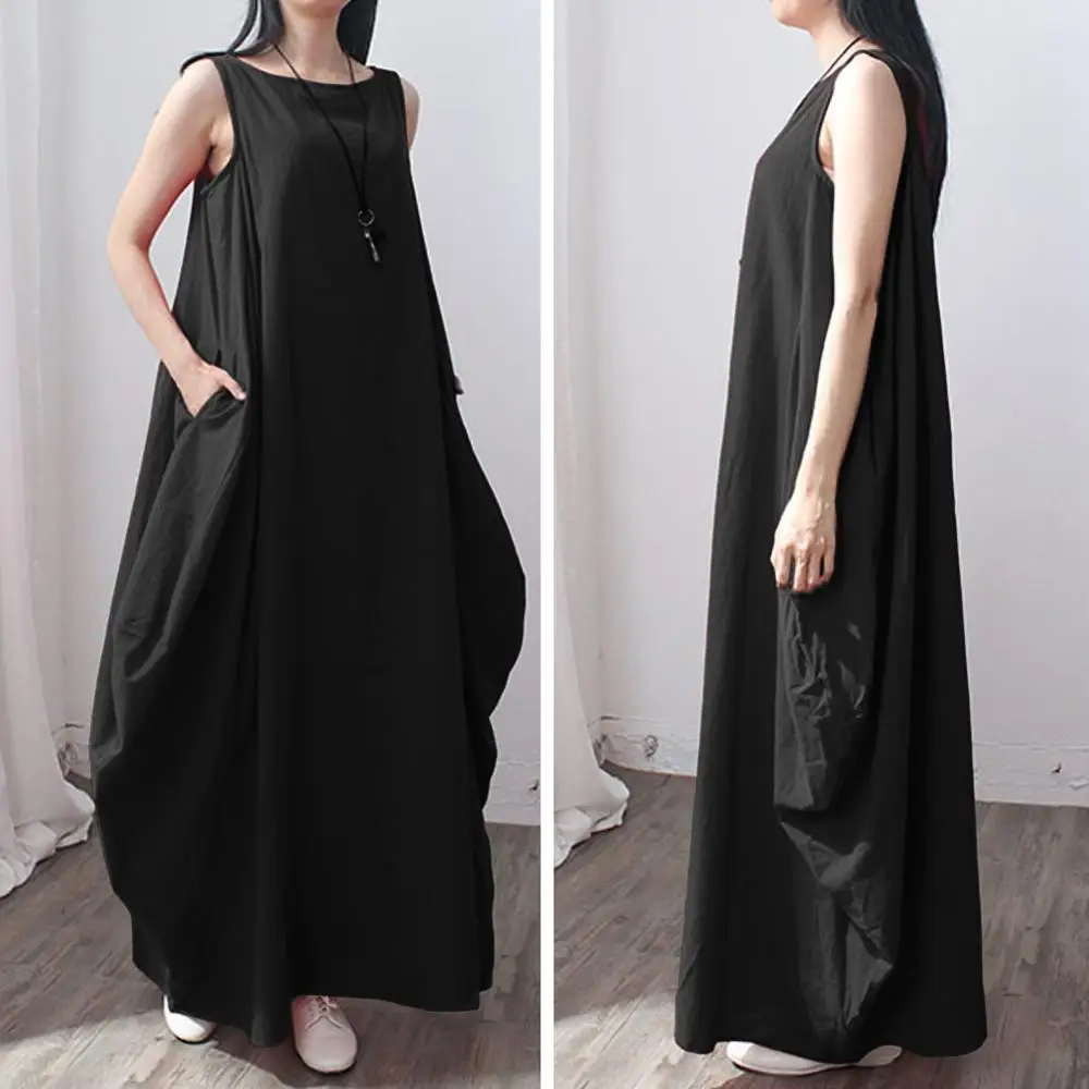 Платье женское длинное из хлопка и льна без рукавов с круглым вырезом|Женские
