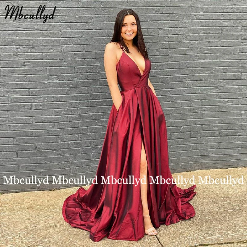 

Соблазнительные бордовые вечерние платья с высоким Боковым Разрезом, Выпускные Платья на бретелях-спагетти с карманами, вечерние платья без рукавов на заказ