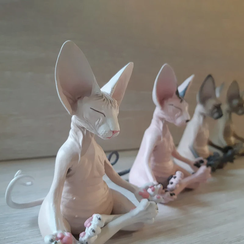 

Newly Sphynx Cat Meditate Statue Cute Hairless Cat Yoga Sitting Collectible Figure for Room Desk Decoration