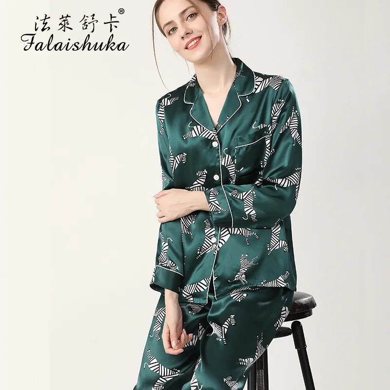 19 momme Sexy Zebra 100% silk pajamas sets women Elegant long sleeve pyjamas sets women Noble silk sleepwear