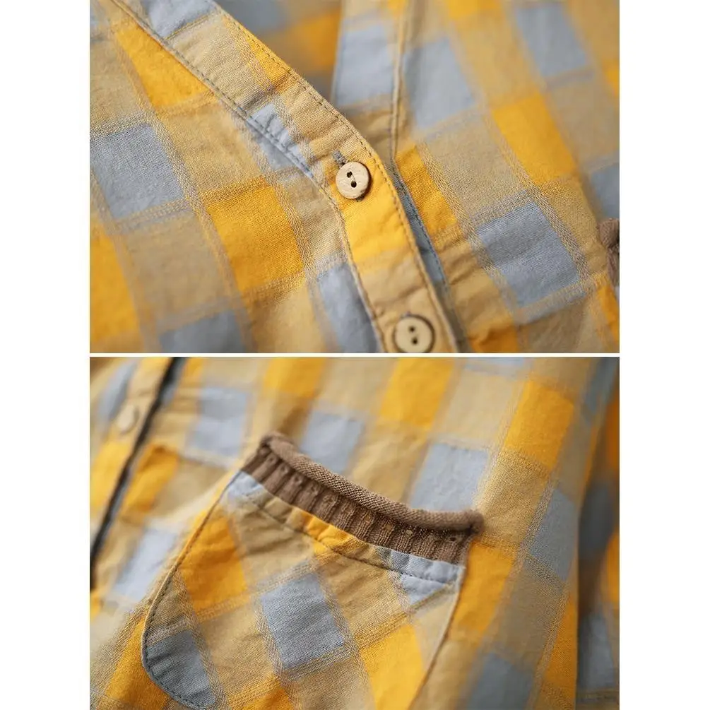 

New 2021 Summer Women Cotton Literature Art Leisure Loose Plaid Short Sleeve Shirt Femme Casual Pockets Blouses Plus Size Tops