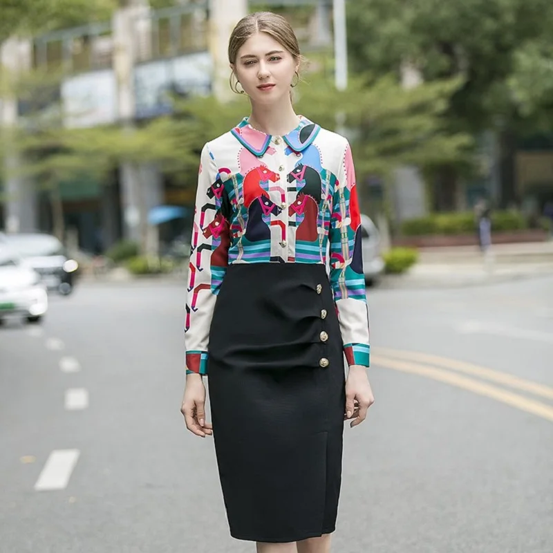 spring print Occupation dress 2019 new Superior quality Women ladies shirt Party Dress autumn Vintage Long sleeves sexy dresses | Женская