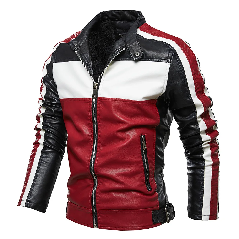 

2020 Winter Mens Leather Jacket Casual Fashion Stand Collar Motorcycle Jacket Solid Patchwork Male Slim PU Leather Bomber Jacket