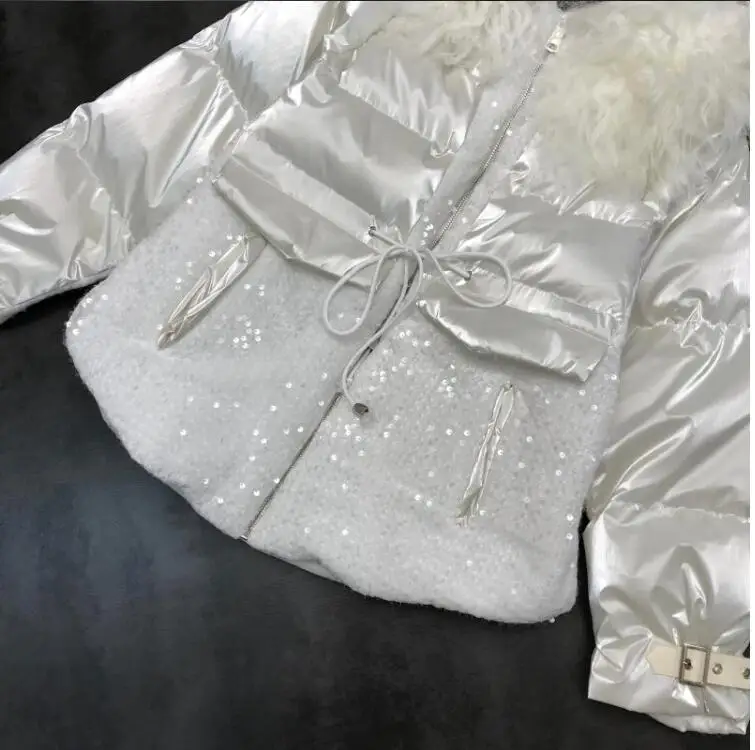 

Zoulv Women Loose Parka Winter Warm Jackets Winter New Lamb Fur Collar Hooded Sequins Splicing Bright Face Cotton Padded Coat