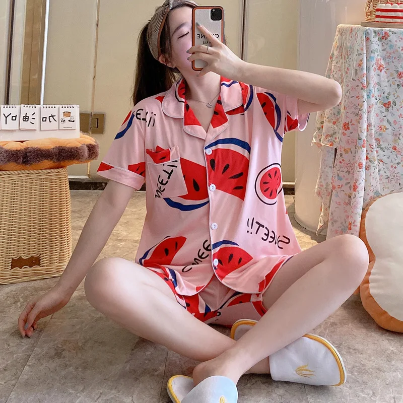 

Summer Short-sleeved Shorts Cardigan Pajamas Women Casual Home Wear