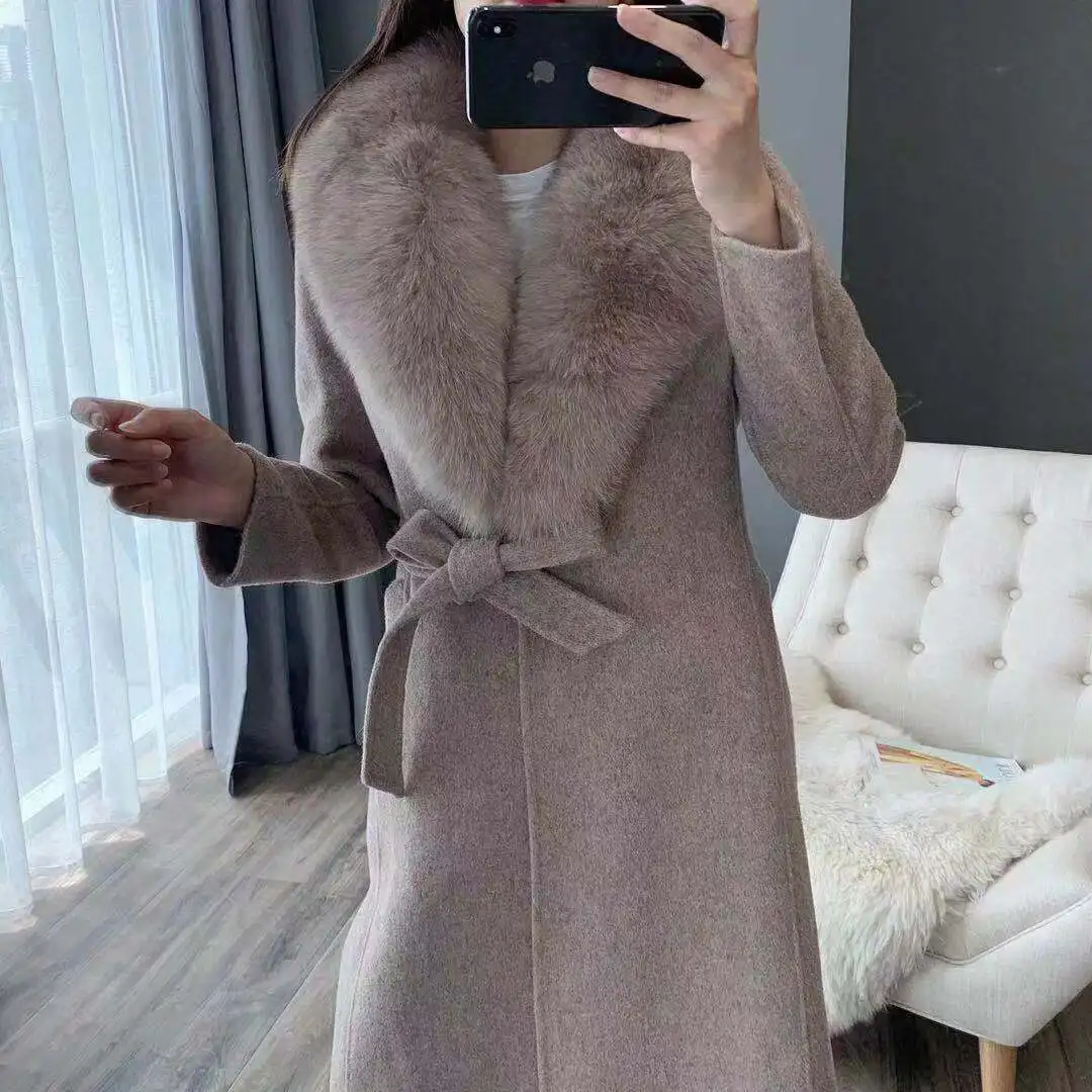 OFTBUY зимняя куртка женская шуба из натурального меха лисы воротник кашемир шерсть смесь Длинная Верхняя одежда с поясом женская уличная