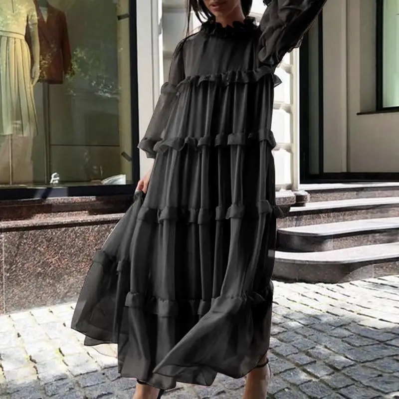 

Women Maxi Dress VONDA 2022 Casual Solid Flare Sleeve Loose O Neck Pleat Long Sleeve Dresses Bohemian Vestidos Autumn Black Robe