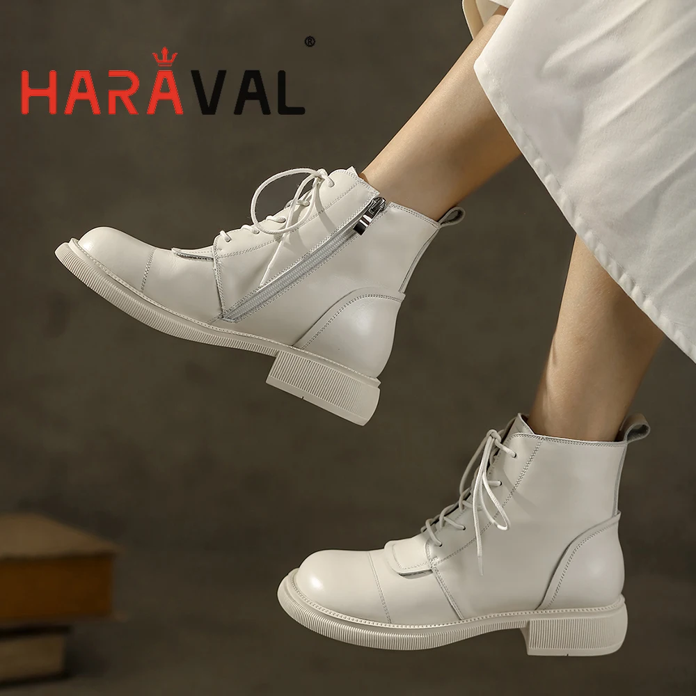 

HARAVAL Women Ankle Boots Modern Boots Cross-tied Round Toe Black White Lace Up Round Toe Autumn Winter Footwear E624L