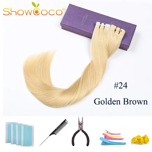 Color24 -40 Pcs ShowCoco лента в Пряди человеческих волос для наращивания натурального волос 20/40 шт, смешанные цвета, Цвет горячие головы для наращивания блеск коричневого до блондинка ленточных накопителей - Цвет: Color24 -40 Pcs
